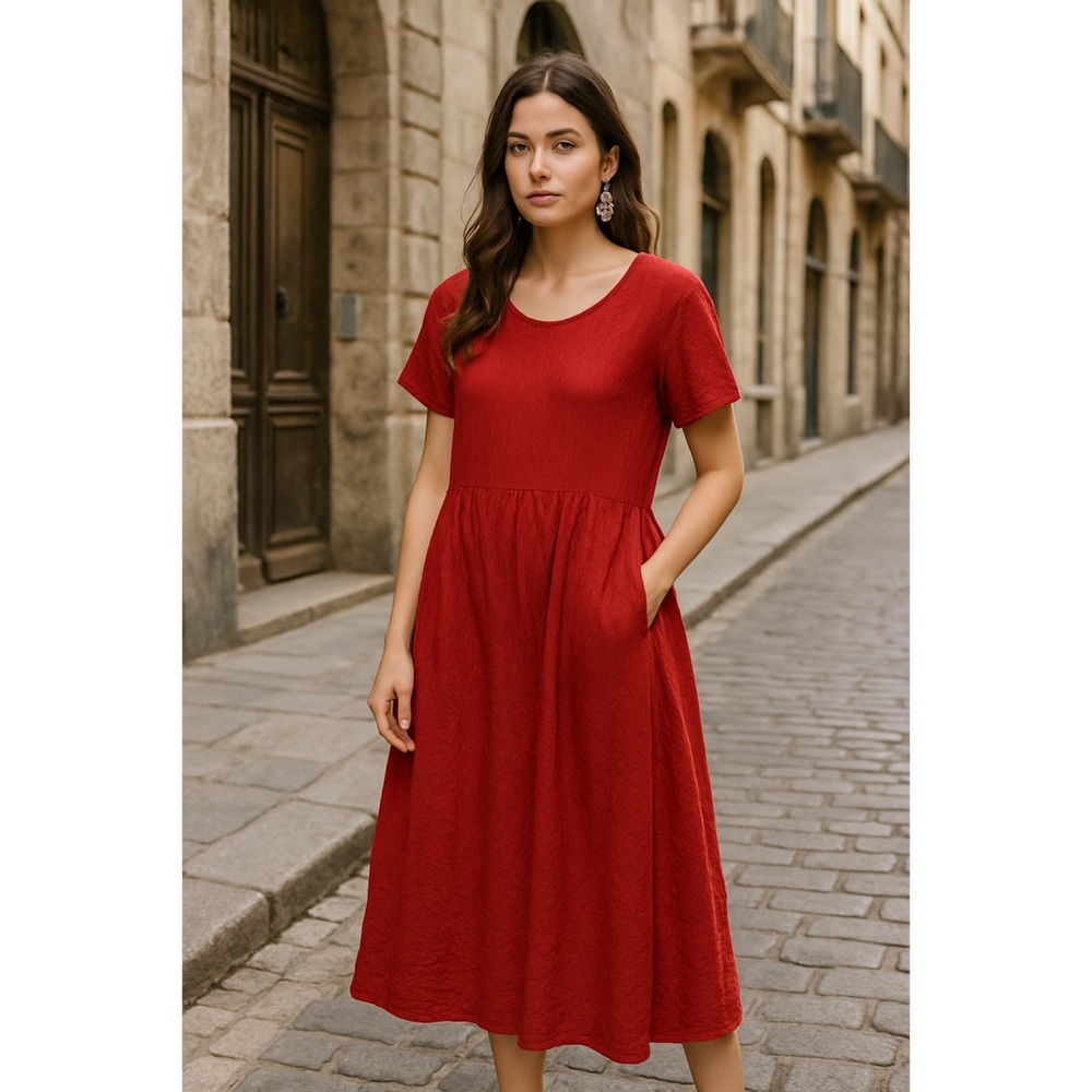 Red Short-Sleeve Midi Dress with Pockets